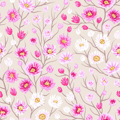 Ditsy flowers and branches seamless pattern