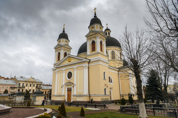Fototapeta na wymiar View to ancient Cathedral of the Holy Spirit in Chernivtsi, Ukraine. December 2021