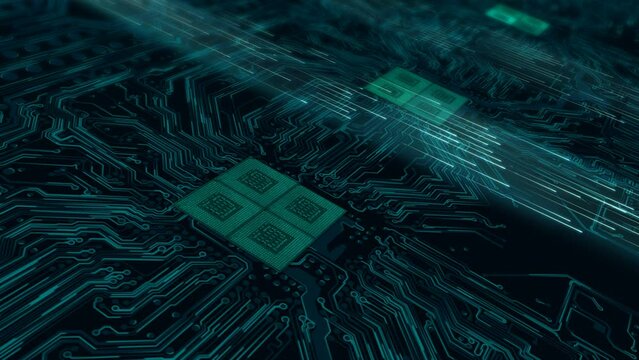 Data stream over a circuit board - 5g high-speed connection - information highway -  abstract green blue background.