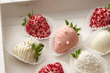 Fresh chocolate dipped strawberries close up view