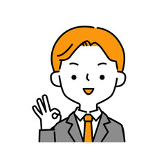 笑顔でOKポーズをするスーツの男性のシンプルなイラストアイコン