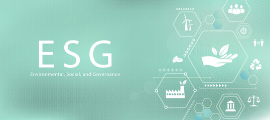 ESG concept. Set of environmental, social and corporate governance icons. Information banner calls to commemorate this company's contribution to environmental, social issues.