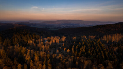 Aeriel overwiev sunrise forest germany iron curtain