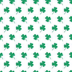 St Patricks Day pattern with shamrocks. Seamless white background and green clover leaves. Saint Patricks holiday party backdrop. Vector flat illustration