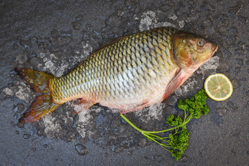 Common carp freshwater fish market, Carp fish, Fresh raw fish on ice for cooked food with lemon on dark background