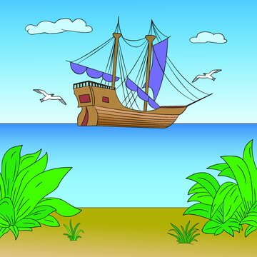 Poster design depicting a historic wooden schooner sailing away from the shore. Happy Columbus Day greeting card, Vector illustration, cartoon