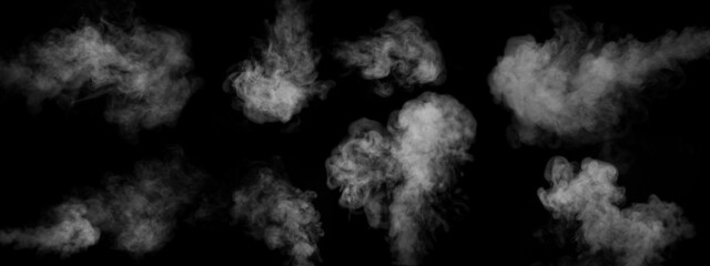 A set of eight different types of swirling, writhing smoke, steam isolated on a black background...