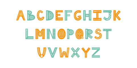Colorful Scandinavian ornate alphabet with florals and lines. Folk font with English letters. Latin alphabet in Scandinavian style.