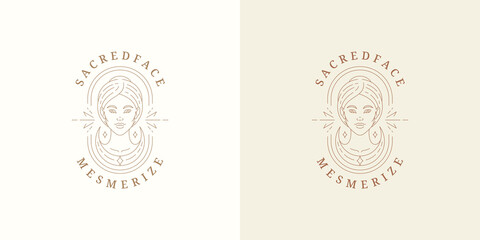 Beauty magic female portrait logo emblem design template vector illustration in minimal line art style