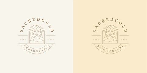 Beauty magic female portrait logo emblem design template vector illustration in minimal line art style