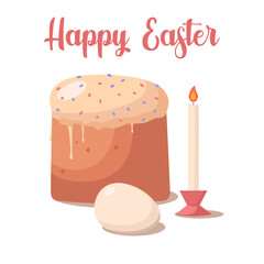 Easter orthodox bakery cakes with candles and easter colored eggs. Happy Easter poster or greeting card. Flat vector illustration