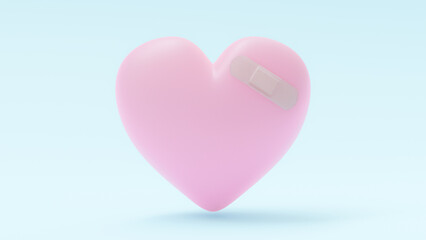 Pink heart with plaster on blue background. 3D Render.