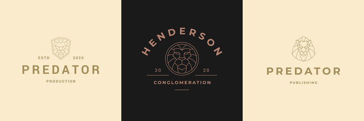 Lion head logos templates set linear vector illustration.