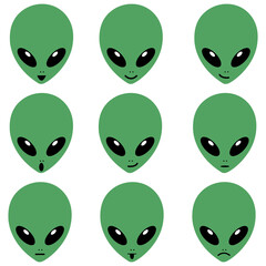 Vector illustration set of green alien heads with different  emotions.