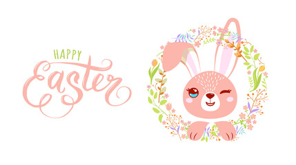 Cute pink rabbit in a wreath of flowers. Easter colorful illustration with text Happy Easter. Vector cartoon