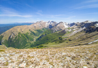 Monte Sibilla in Montemonaco (Italy) - The landscape summit of Mount Sibilla, in Marche region province of Ascoli Piceno. Panoramic trekking landmark in the Monti Sibillini mountain natural park.