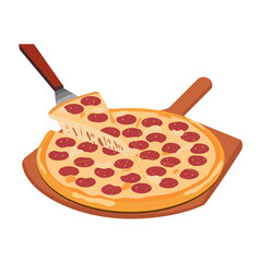 Pizza with tomato, cheese, salami. Traditional Italian fast food. European snack. Isolated white background.