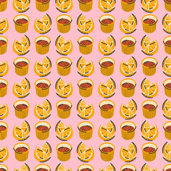 Seamless pattern with lemon slices and sauces. Bright illustration, print, background in vector.