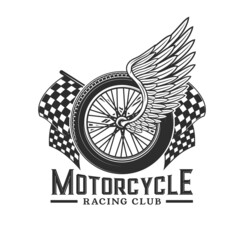 Racing wheel with wings, races icon for motocross or speedway sport. Motorcycle and bike motors racing club vector badge with start and finish flags for custom choppers championship cup or rally