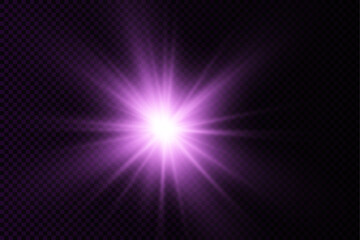 Purple glowing light star, violet burst sun rays.