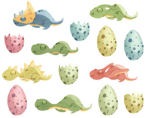 Baby dinosaurs with an eggs watercolor illustration for nursery, baby showers and birthday invitations