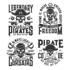 Pirate or buccaneers skulls t-shirt prints. Apparel custom print vector template with filibuster or corsair skulls in tricorne hat and bandana, crossed pirate sabers, cannons and grenades, anchor