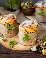 Easter cupcakes. Painted eggs. Easter still life. Panettone. Easter background