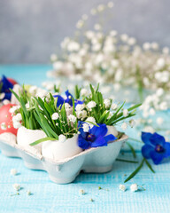 Easter. Painted eggs. Grass and flowers in a shell. Easter Still Life