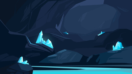 Cave with blue crystals. Beautiful underground location.