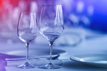 Two glasses on the table. luxury restaurant Blue and Red Color 