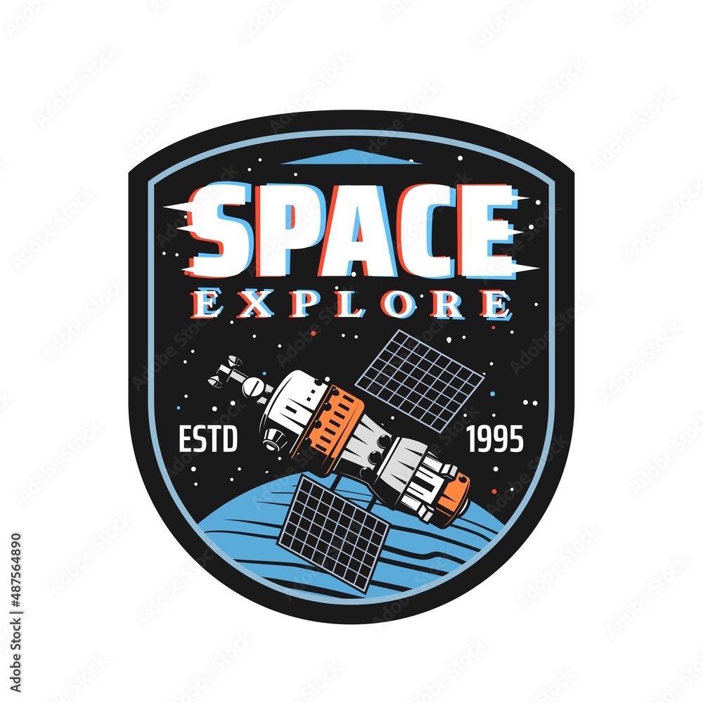 Poster space explore icon of vector international space station, satellite or spaceship with universe plane