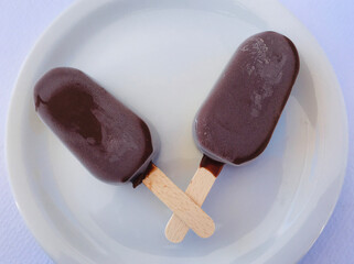 Two vanilla ice creams covered in chocolate