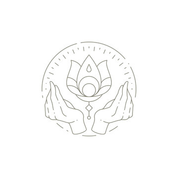 Linear magic lotus flower with praying human hands namaste at circle hand drawn frame logo vector