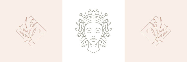 Monochrome antique goddess woman face in botanical wreath with tropical natural tree branch