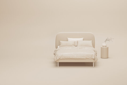 Bedroom with beb and lamp in pastel cream background, monochrome single color beige. Light background with copy space. 3D rendering for web page, presentation or picture background
