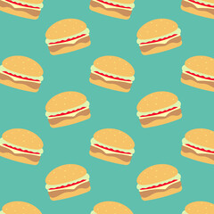 Burger pattern. Illustration in vector. For greeting card, posters, banners, menu, the card or stick, printing on the pack, printing on clothes, fabric, wallpaper.