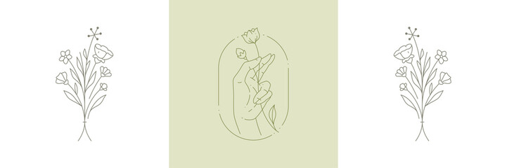 Human hands holding elegant wildflower bouquet at hand drawn circle frame line art deco pastel card - obrazy, fototapety, plakaty