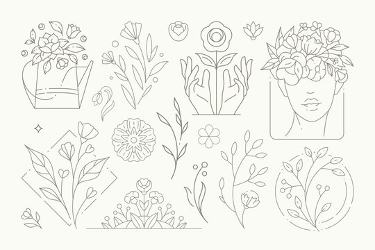 Cute line art deco monochrome logo collection floral design elements for beauty spa salon wellness