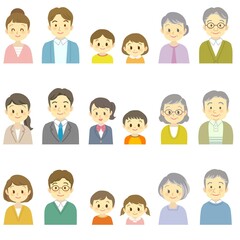 イラスト素材セット：笑顔で正面を向いた3組の3世代家族（バストアップ/主線なし）
