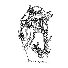 Girl in flowers. Hand drawn illustration.