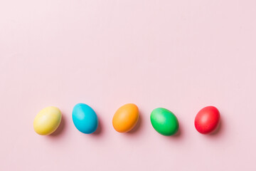 holiday preparation Multi colors Easter eggs on colored background . Pastel color Easter eggs. holiday concept with copy space