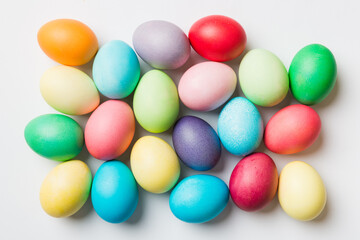 holiday preparation Multi colors Easter eggs on colored background . Pastel color Easter eggs. holiday concept with copy space