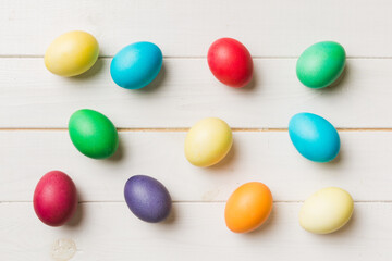 holiday preparation Multi colors Easter eggs on colored background . Pastel color Easter eggs. holiday concept with copy space