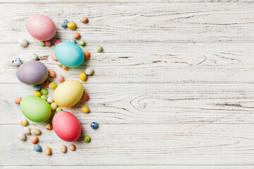 holiday preparation Multi colors Easter eggs on colored background . Pastel color Easter eggs. holiday concept with copy space