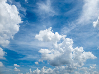The white fluffy clouds floating on the clear blue sky background.