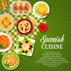 Spanish food vector poster with vegetable tapas, fish, meat and seafood dishes. Bean sausage and shrimp cream soup, tuna, egg and olive salad, sardine toast pincho and eggplant pepper stew, menu cover