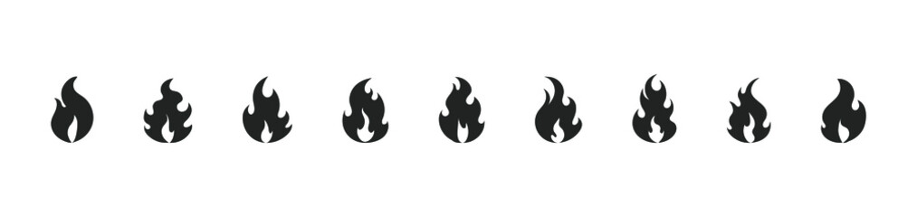 Vector Monochrome Cartoon Fire Flames Set isolated on White Background, Vector Illustration Flat Design Style, Black and White Bonfire or Candle Light.