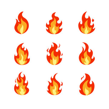 Vector Colorful Cartoon Fire Flames Set isolated on White Background, Vector Illustration Flat Design Style, Bright Bonfire or Candle Light.