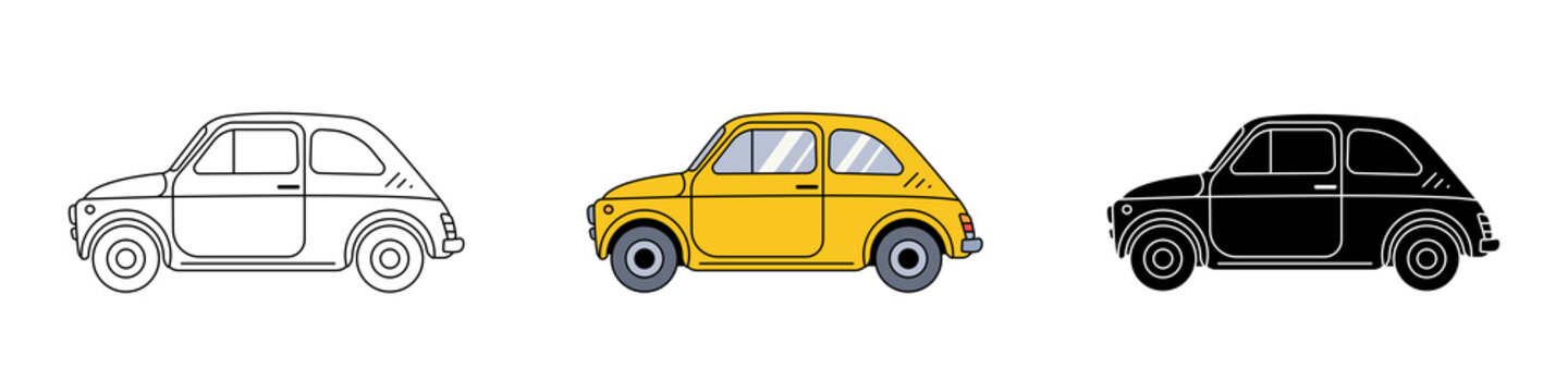 Simple icons of vintage european small car. Outline, colourful and silhouette vector illustration