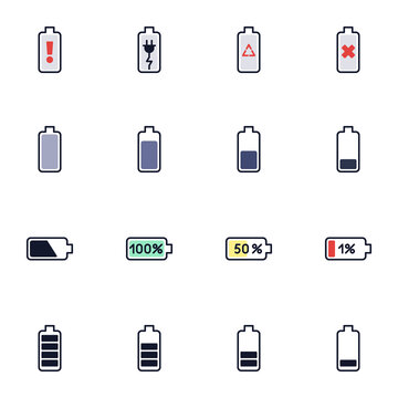 Phone charging battery line icons set